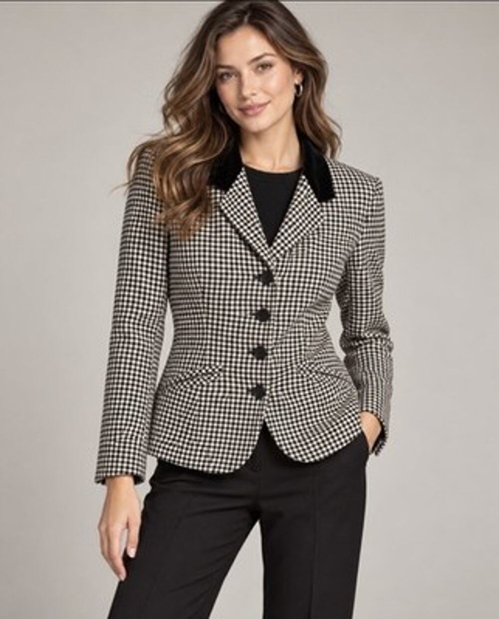 Ann Taylor 100% Wool Fitted Blazer 4 VTG Black White Check Velvet Collar Lined
